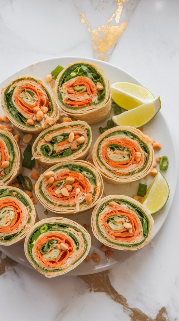 Ultra close-up of Thai Chicken Peanut Pinwheels sliced into bite-sized rounds, showing the layers of shredded chicken, creamy peanut sauce, shredded carrots, and fresh cilantro wrapped in a soft flour tortilla. Some are stacked and some are fanned out on a white plate, sprinkled with chopped peanuts and green onions. Garnished with lime wedges. White marble counter with hints of gold, with all-natural lighting, taken with an iPhone 15 Pro, top-down shot used by recipe bloggers.