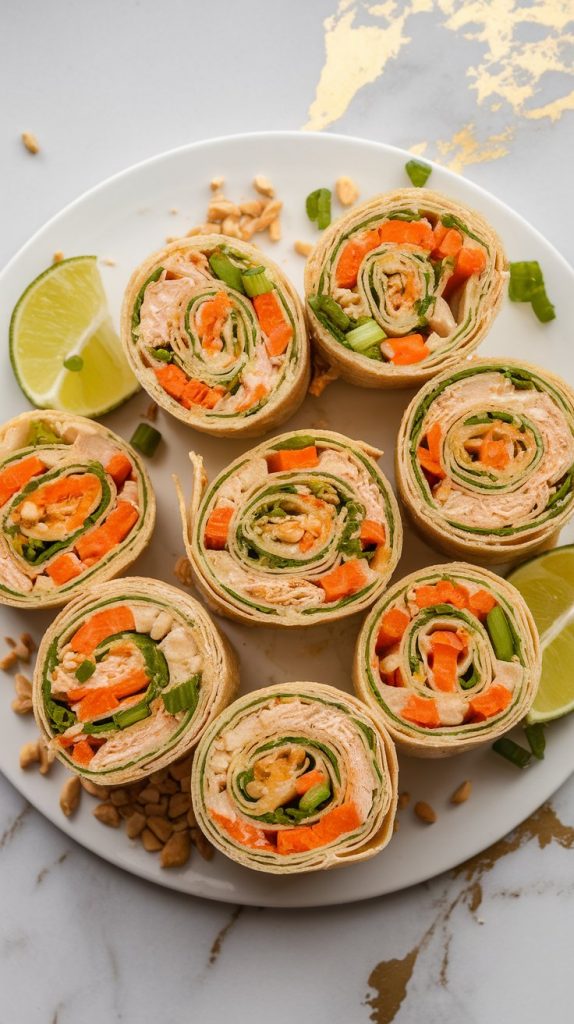 Ultra close-up of Thai Chicken Peanut Pinwheels sliced into bite-sized rounds, showing the layers of shredded chicken, creamy peanut sauce, shredded carrots, and fresh cilantro wrapped in a soft flour tortilla. Some are stacked and some are fanned out on a white plate, sprinkled with chopped peanuts and green onions. Garnished with lime wedges. White marble counter with hints of gold, with all-natural lighting, taken with an iPhone 15 Pro, top-down shot used by recipe bloggers.