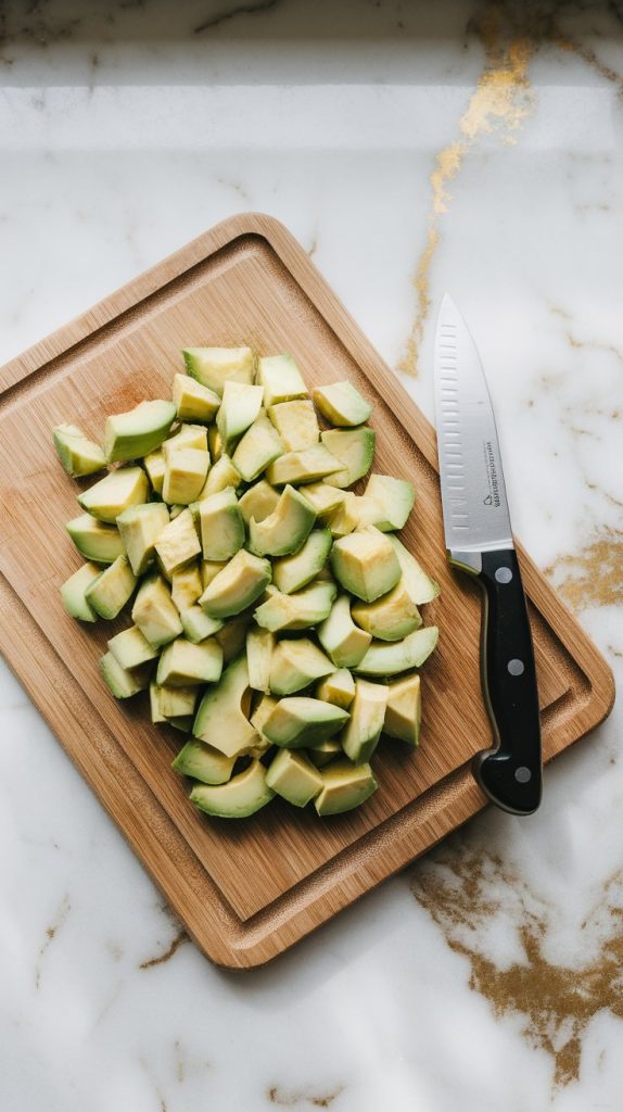 diced ripe avocado on a wooden cutting board, bright green and creamy, freshly cut with a small paring knife next to it