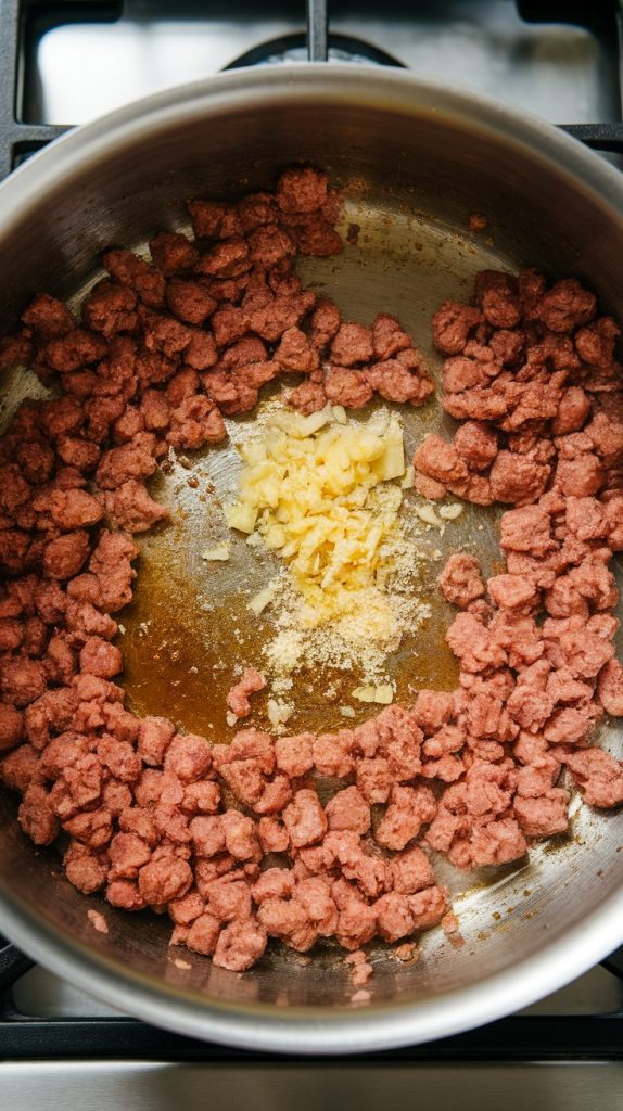 golden crumbled ground pork sausage in a large greasy stainless steel pot, now partially browned, with freshly added minced garlic and grated ginger scattered on top, just starting to sizzle