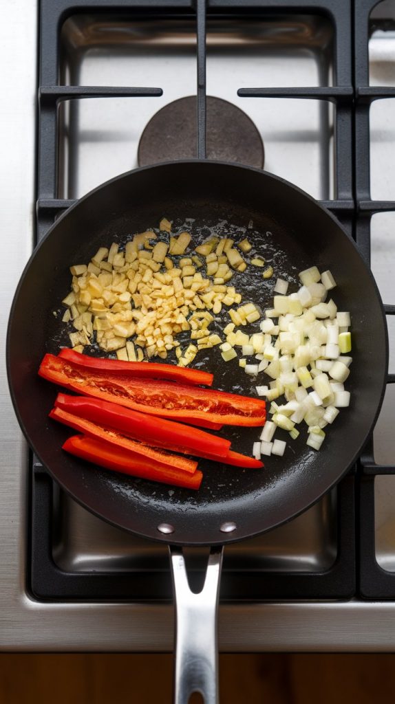 minced garlic, red bell pepper strips, and chopped white green onions sizzling in the pan, glistening with oil, on a modern stainless steel gas stove