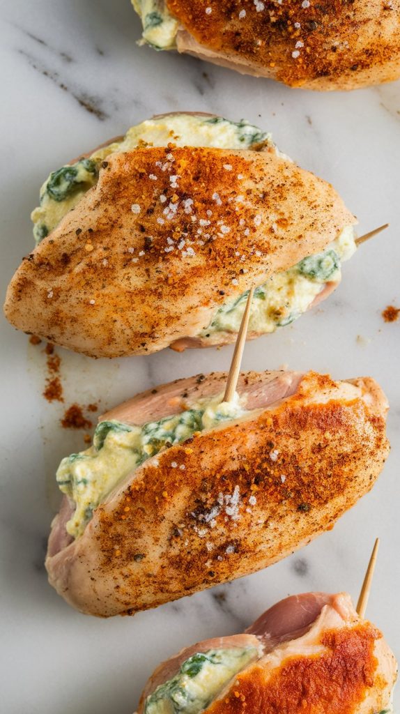 salt, pepper, garlic powder, and paprika seasoned chicken breasts being stuffed with the creamy jalapeño cheese filling