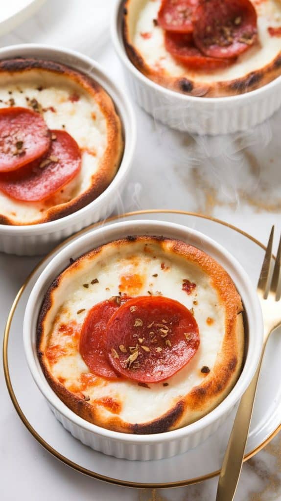 low-carb cottage cheese pizza bowls in white ramekins