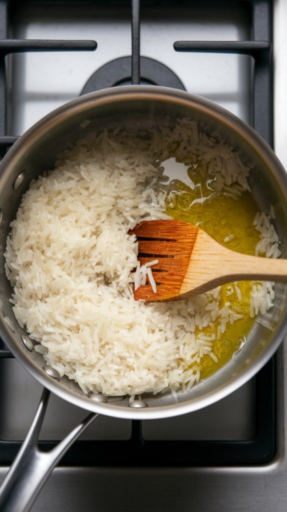 rinsed basmati rice in a saucepan being stirred into a melted garlic butter and olive oil mixture