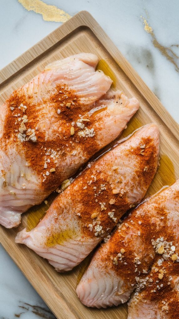 tilapia fillets on a wooden cutting baord being rubbed with olive oil and sprinkled with chili powder, paprika, cumin, garlic powder, and salt mixture