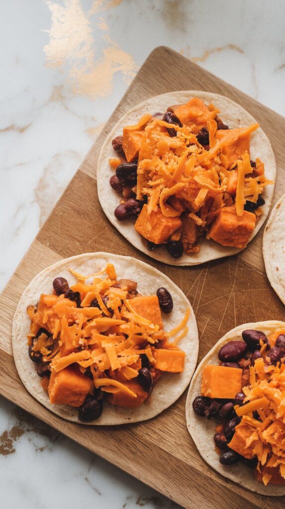 warmed small tortillas on a wooden cutting board filled with sweet potato and black bean mixture and sprinkled with shredded cheddar cheese
