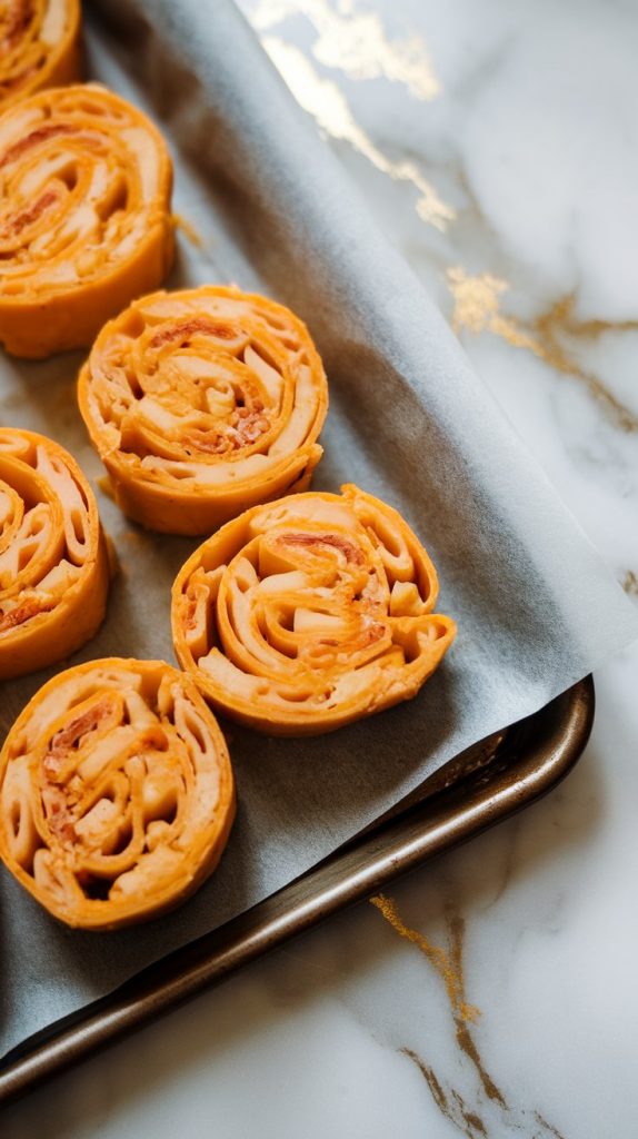 sliced buffalo chicken mac-n-cheese pinwheels arranged on a parchment-lined baking tray