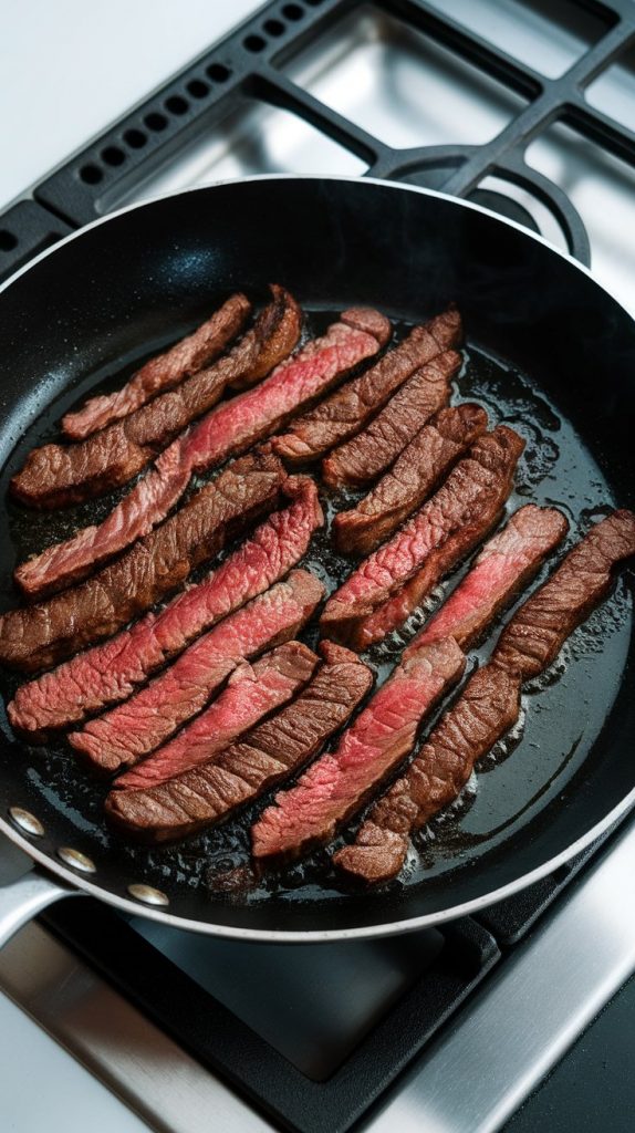 Ultra close-up of thin steak strips sizzling in hot oil, edges crisping and browning in a large skillet, on a modern stainless steel gas stove, with all-natural lighting, taken with an iPhone 15 Pro, top-down shot used by recipe bloggers.