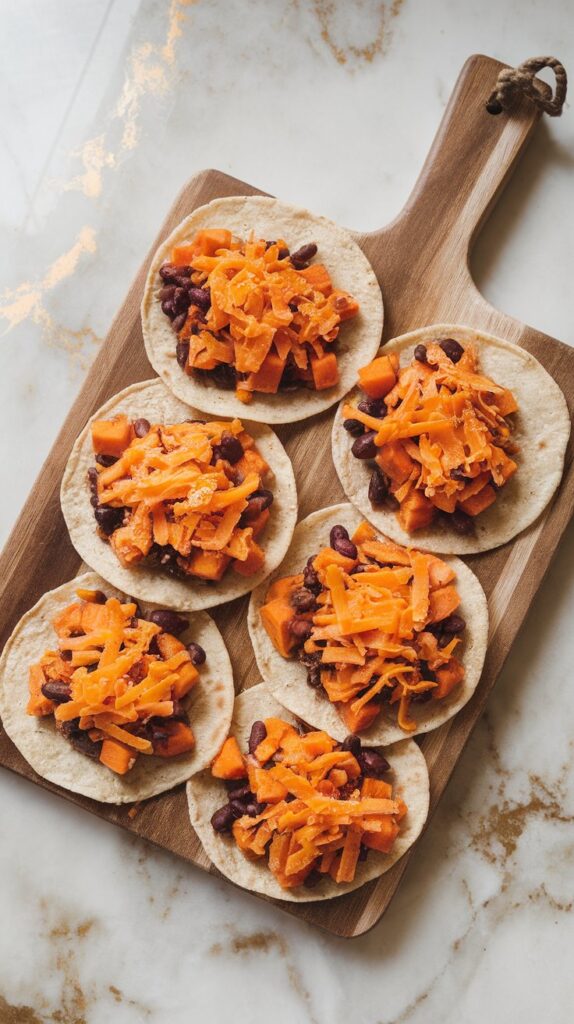warmed small tortillas on a wooden cutting board filled with sweet potato and black bean mixture and sprinkled with shredded cheddar cheese