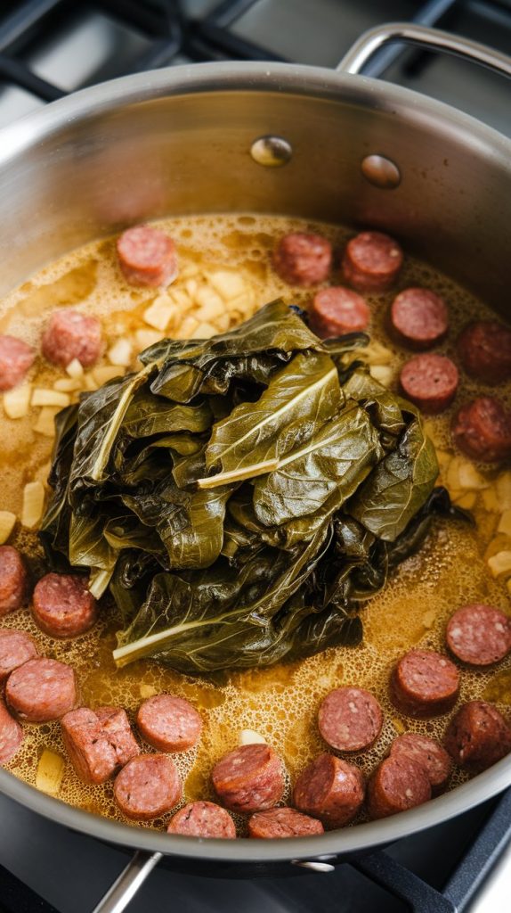 a pot filled with simmering golden broth, browned sausage, softened garlic, and ginger all mixed together, creating a rich, unified base