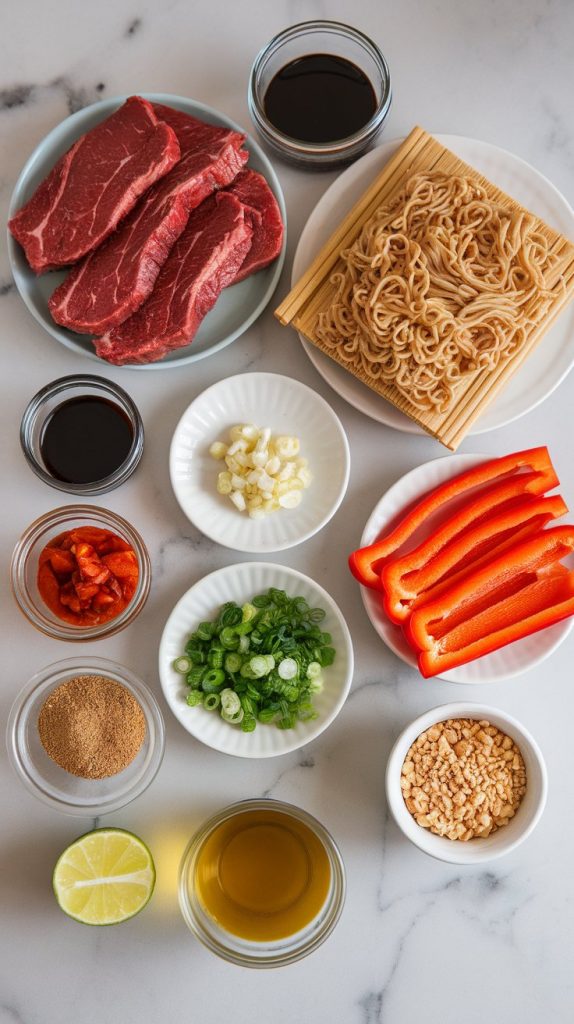 Ultra close-up top-down shot of all ingredients for Spicy Thai Steak Ramen Stir-Fry laid out on white marble counters with hints of gold: raw flank steak sliced thin on a small plate, dry ramen noodles stacked loosely on a small plate, sliced red bell pepper arranged on a small plate, chopped green onions (white and green parts separated) placed in two small plates, minced garlic in a tiny plate, soy sauce, oyster sauce, fish sauce, and chili garlic sauce each poured into separate small glass jars with no labels, brown sugar in a small glass jar, vegetable oil in a small glass jar, lime cut in half on a small plate, and crushed peanuts in a shallow dish. With all-natural lighting, taken with an iPhone 15 Pro, top-down shot used by recipe bloggers