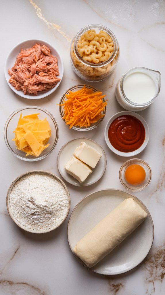 Ultra close-up top-down shot of all ingredients for buffalo chicken mac-n-cheese pinwheels laid out neatly on white marble counters with hints of gold: shredded cooked chicken in a small white plate, cooked elbow macaroni in a glass jar, shredded cheddar cheese in a small glass bowl, buffalo sauce in a small plate, milk in a clear glass jar, flour and butter side by side on a small plate, refrigerated pizza dough roll unwrapped and placed on a plate, and a beaten egg in a small glass bowl. No labels on any containers. All-natural lighting, taken with an iPhone 15 Pro, top-down shot used by recipe bloggers.