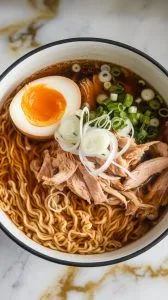 a bowl being assembled – ramen noodles on the bottom, shredded chicken and dark broth being ladled on top, soft-boiled egg and green onions added