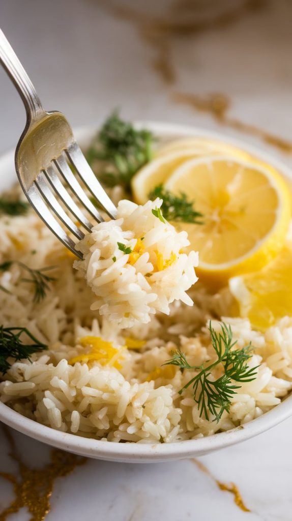 a fork fluffing steaming basmati rice in a white bowl
