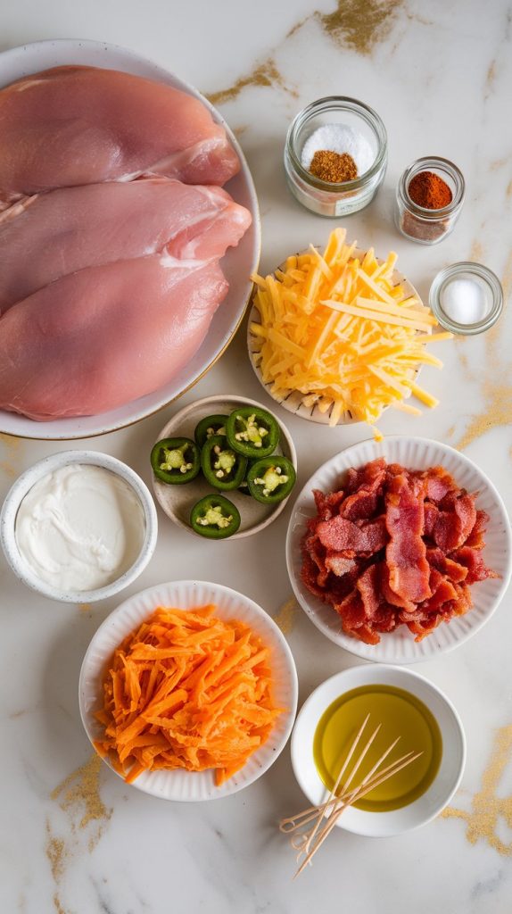 all ingredients laid out on a white marble counter with hints of gold