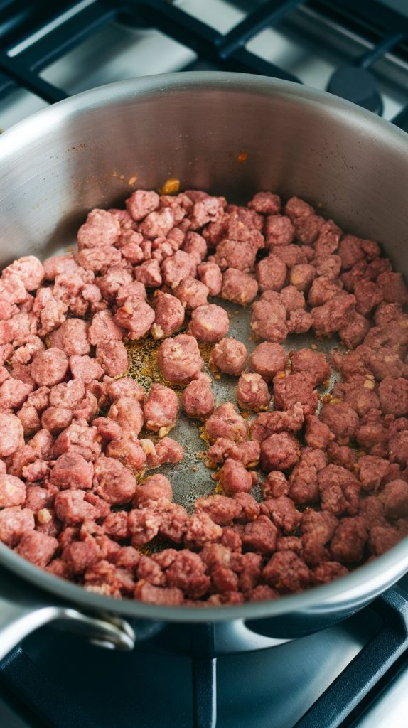 crumbled ground pork sausage cooking in a large pot, sizzling and browning with little golden crispy bits