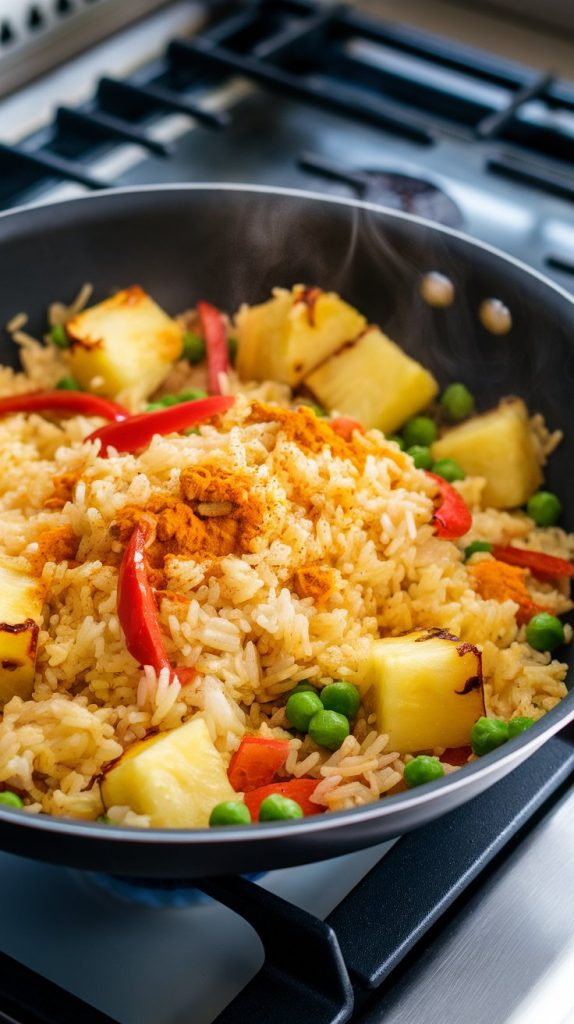 fluffy yellow curry rice being mixed into the sautéed veggies, golden pineapple chunks, and green peas in a non-stick pan