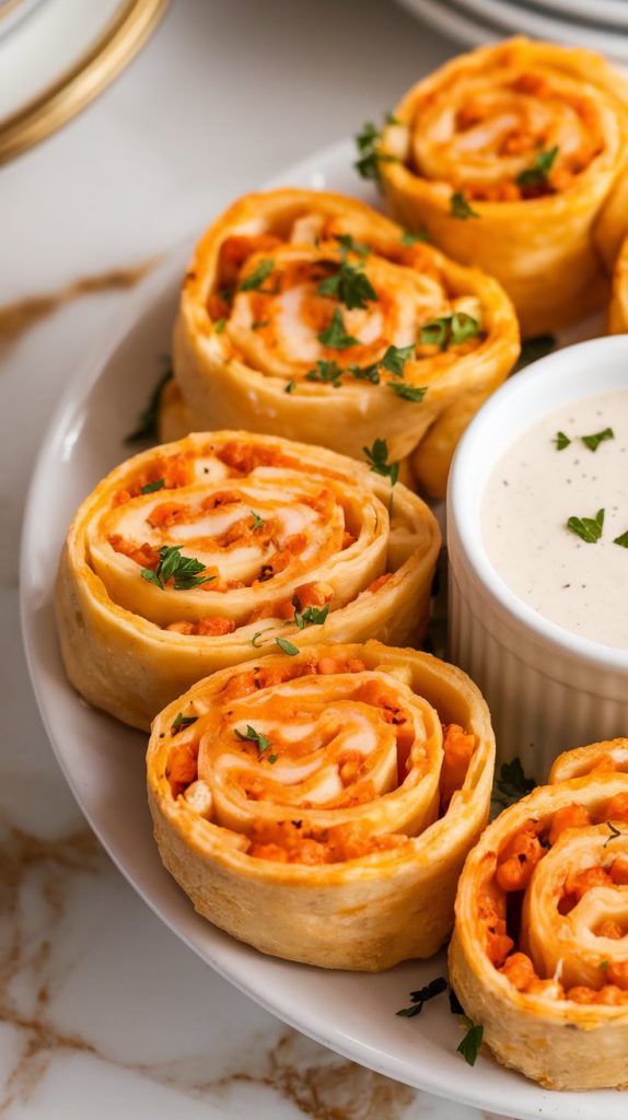 freshly baked buffalo chicken mac-n-cheese pinwheels on a white serving platter