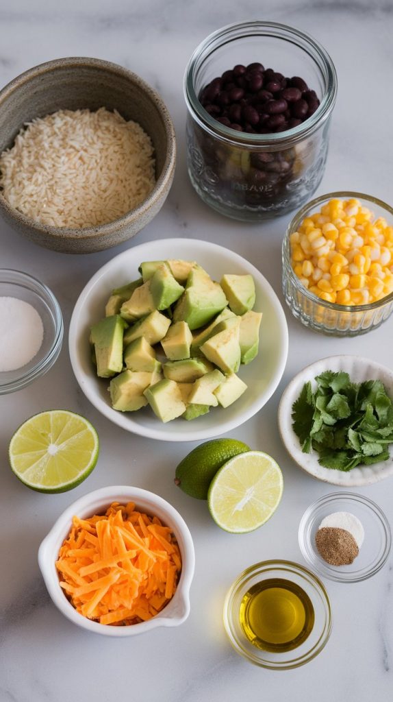 recipe ingredients on a white marble counter with hints of gold