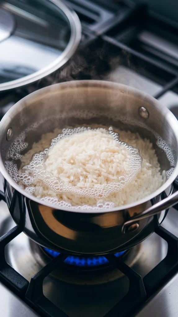white rice simmering in water in a medium pot on a fired modern stainless steel gas stove