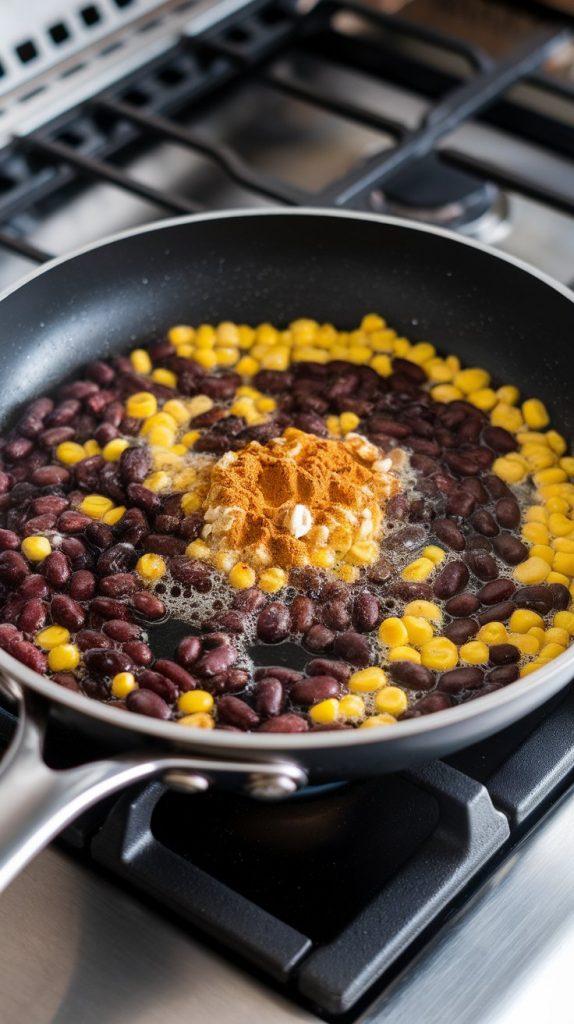 black beans and corn sizzling in a pan with a sprinkle of garlic powder and cumin on top, tiny bubbles forming in olive oil