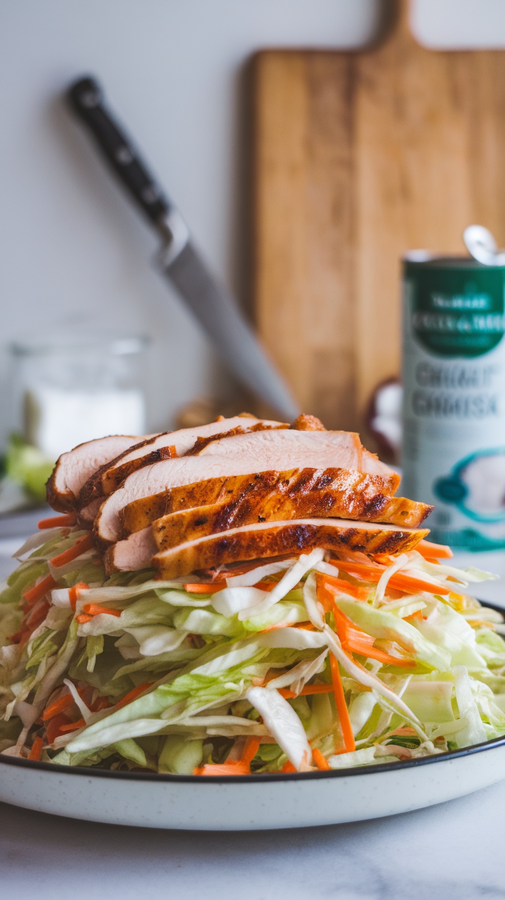 A plate of Asian cabbage slaw topped with grilled chicken slices.