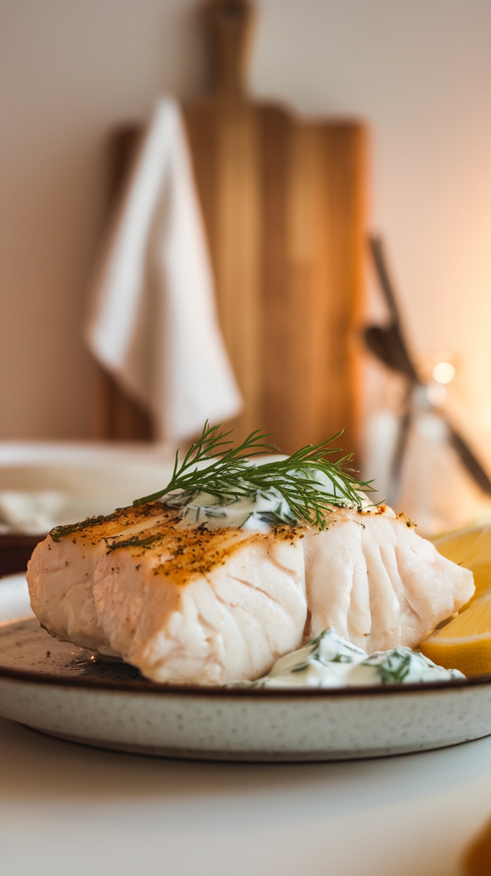 Plate of baked cod topped with dill and served with lemon slices
