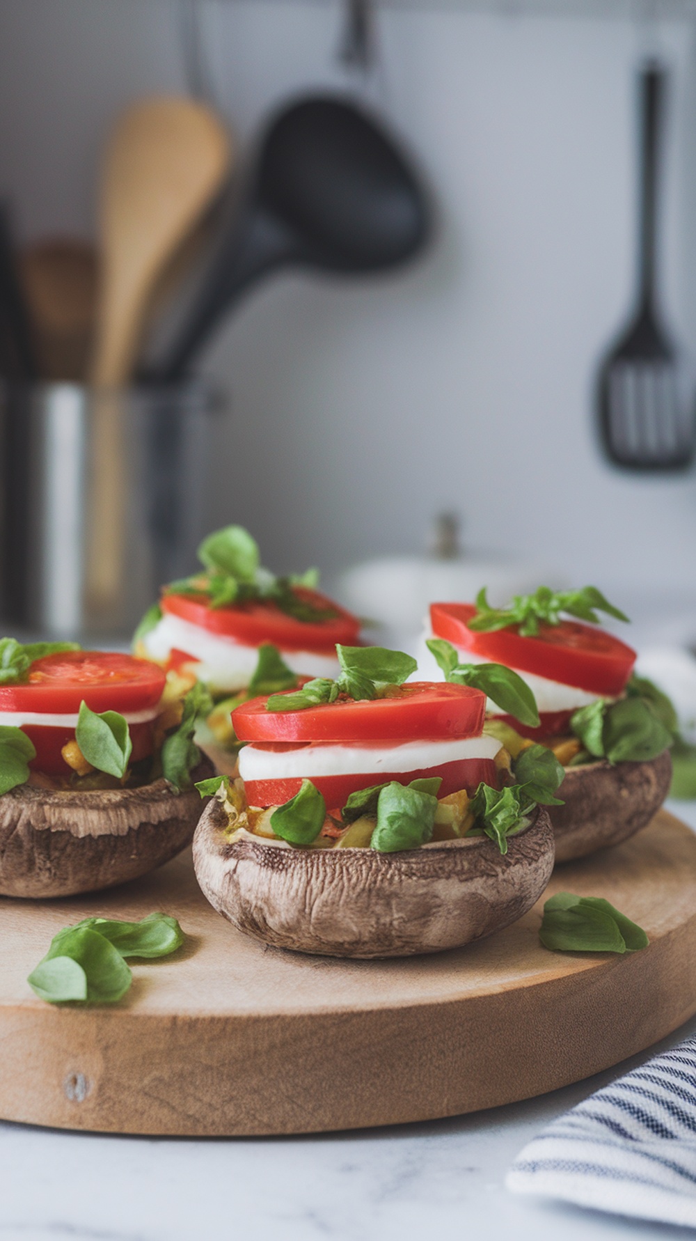 Caprese stuffed portobello mushrooms with tomatoes, mozzarella, and basil on a wooden platter.
