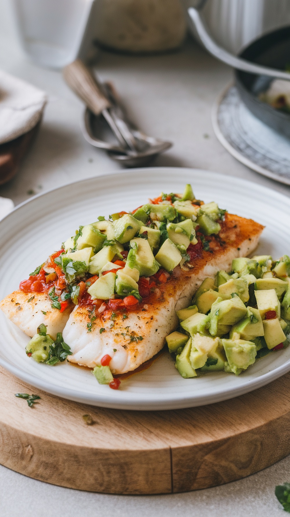 Chili lime tilapia served with avocado salsa on a plate.