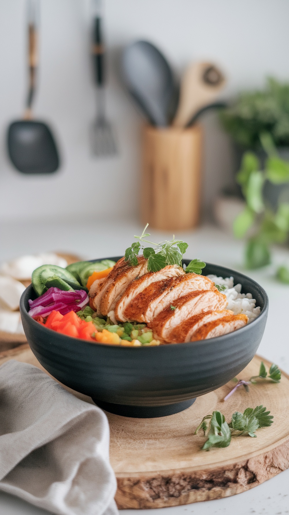 A delicious coconut chicken rice bowl with colorful vegetables.