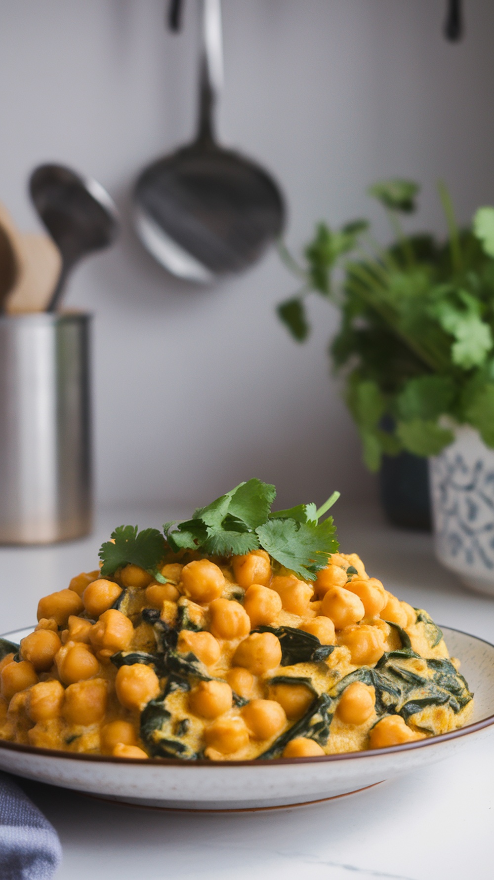 A plate of coconut curry chickpeas with spinach, topped with fresh cilantro.
