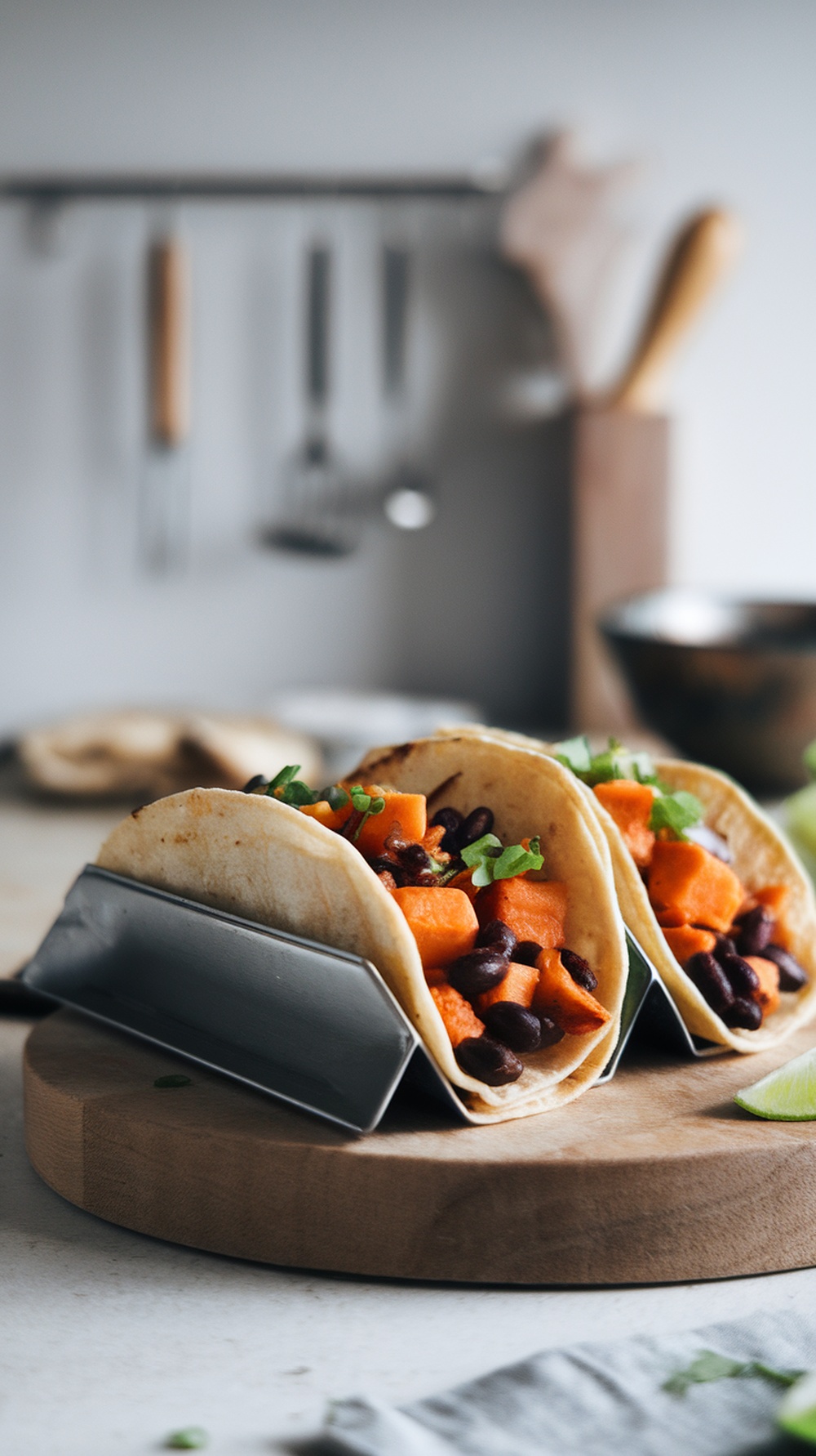 Crispy baked black bean sweet potato tacos on a wooden serving board.