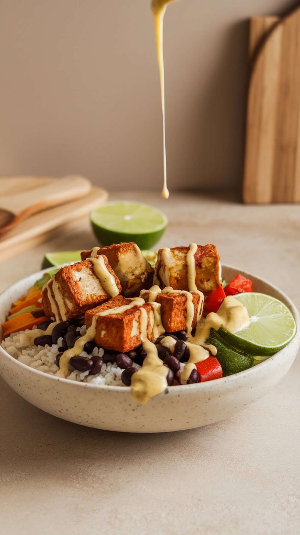 A crispy tofu burrito bowl with lime dressing, featuring colorful vegetables, rice, and lime slices.