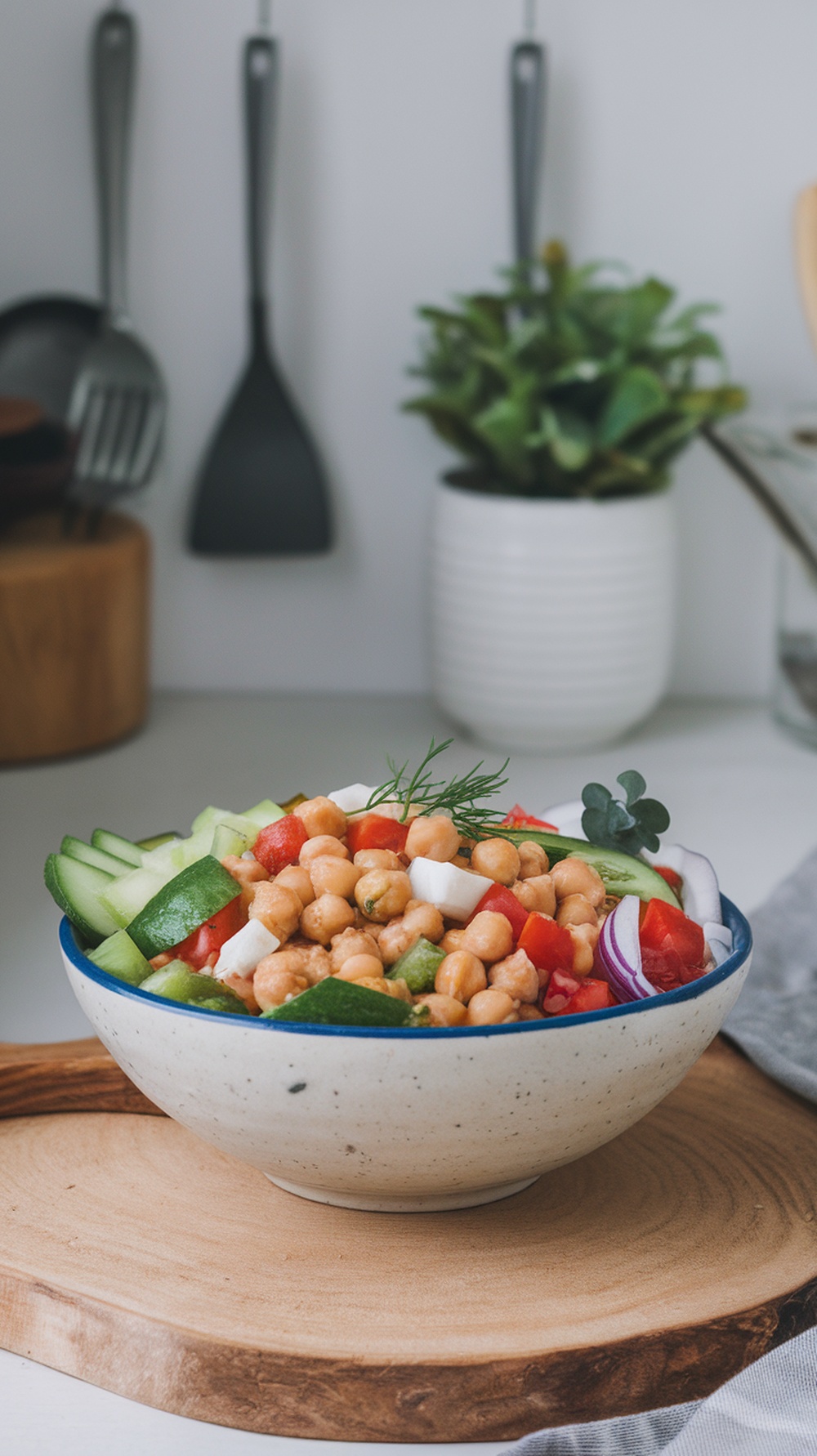 A colorful bowl of Greek chickpea salad with cucumbers, tomatoes, and feta cheese on a wooden surface.