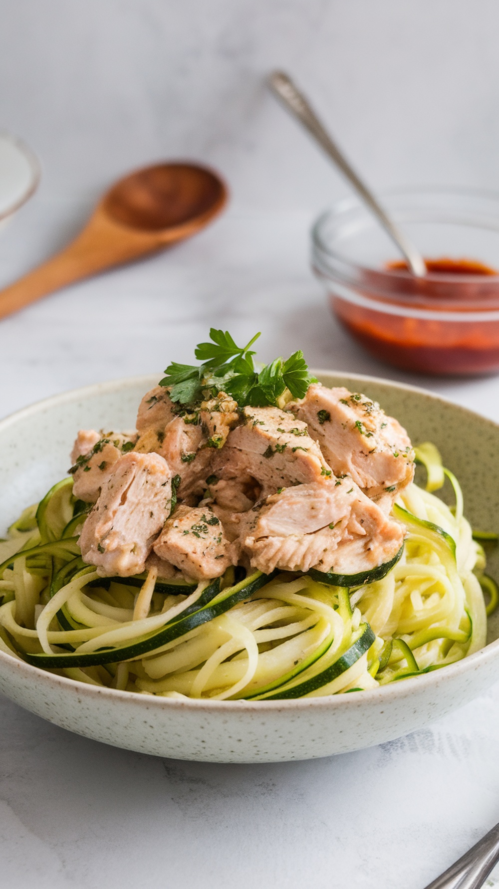 A bowl of Greek Yogurt Chicken Zucchini Noodles topped with fresh herbs.