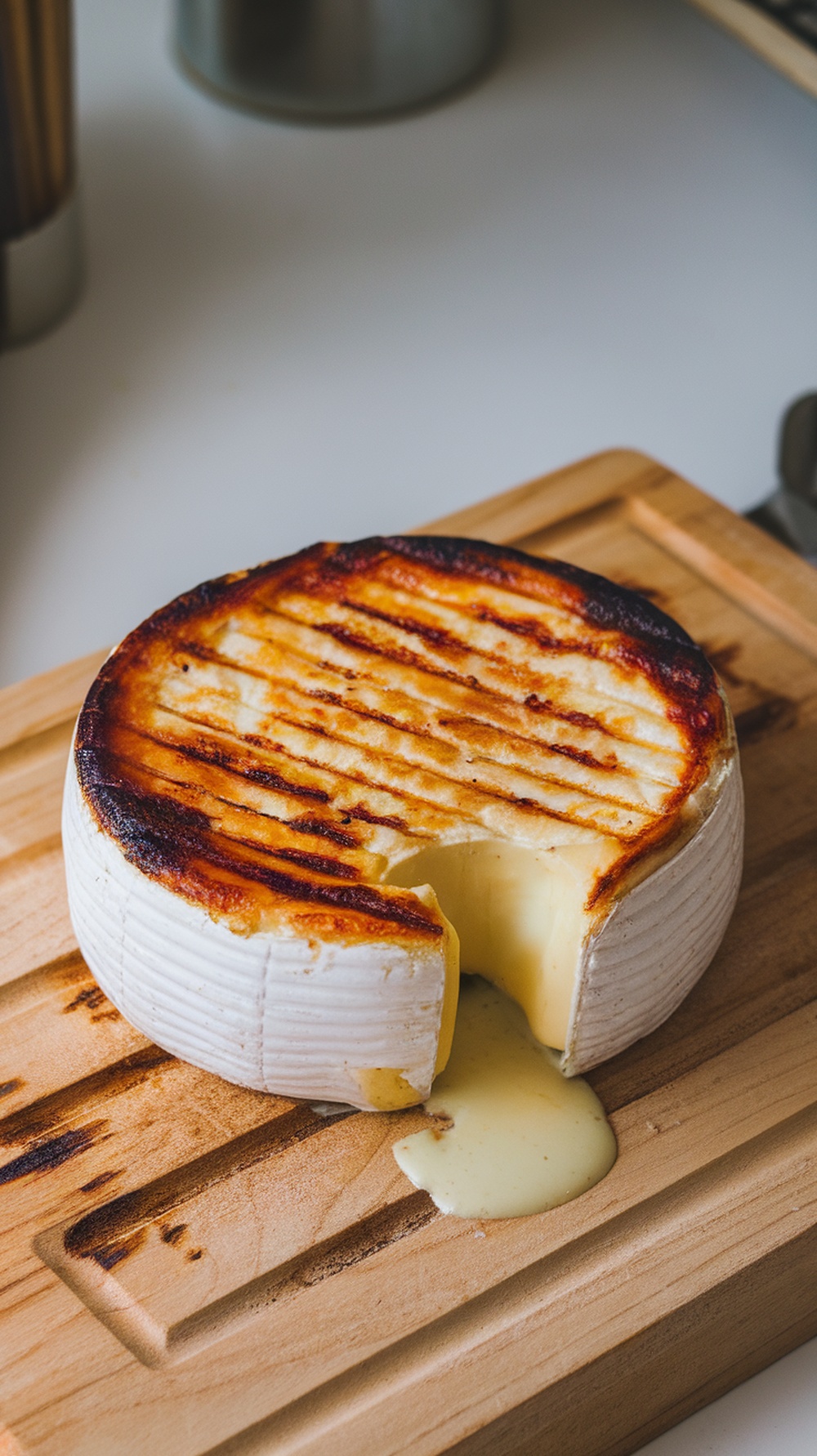 A round of Brie cheese grilled on a cedar plank, with melted cheese oozing out.