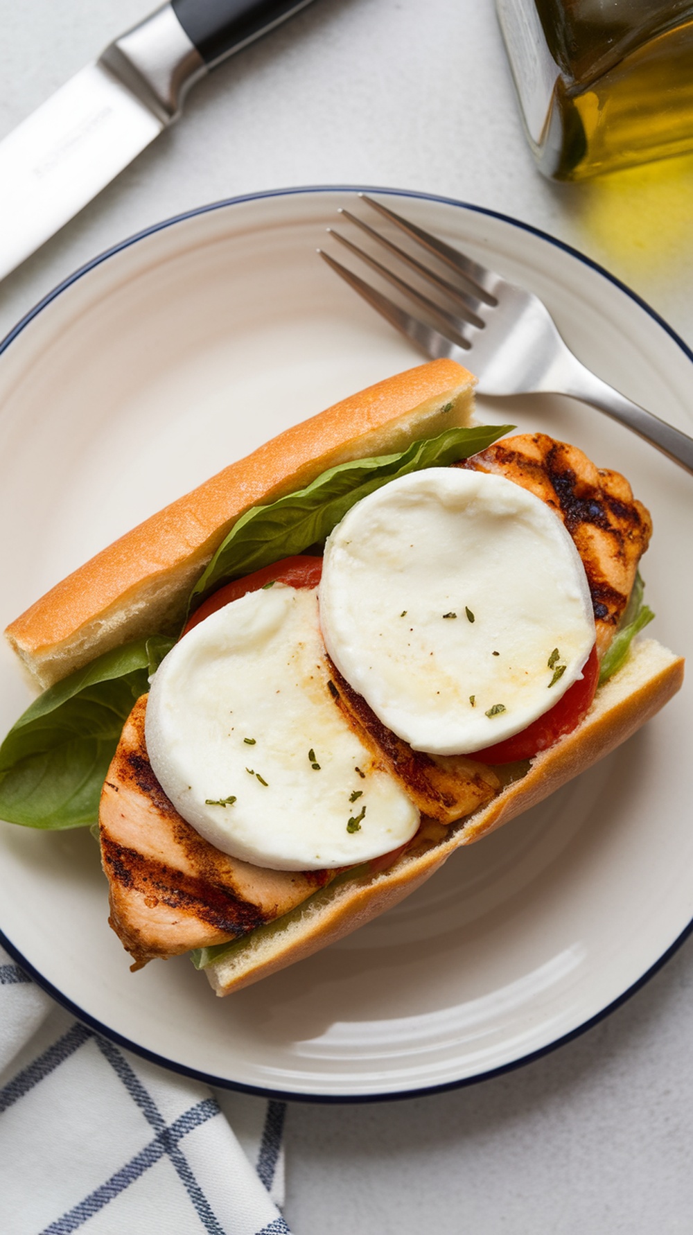 A grilled chicken caprese sandwich with mozzarella, lettuce, and tomatoes on a plate.
