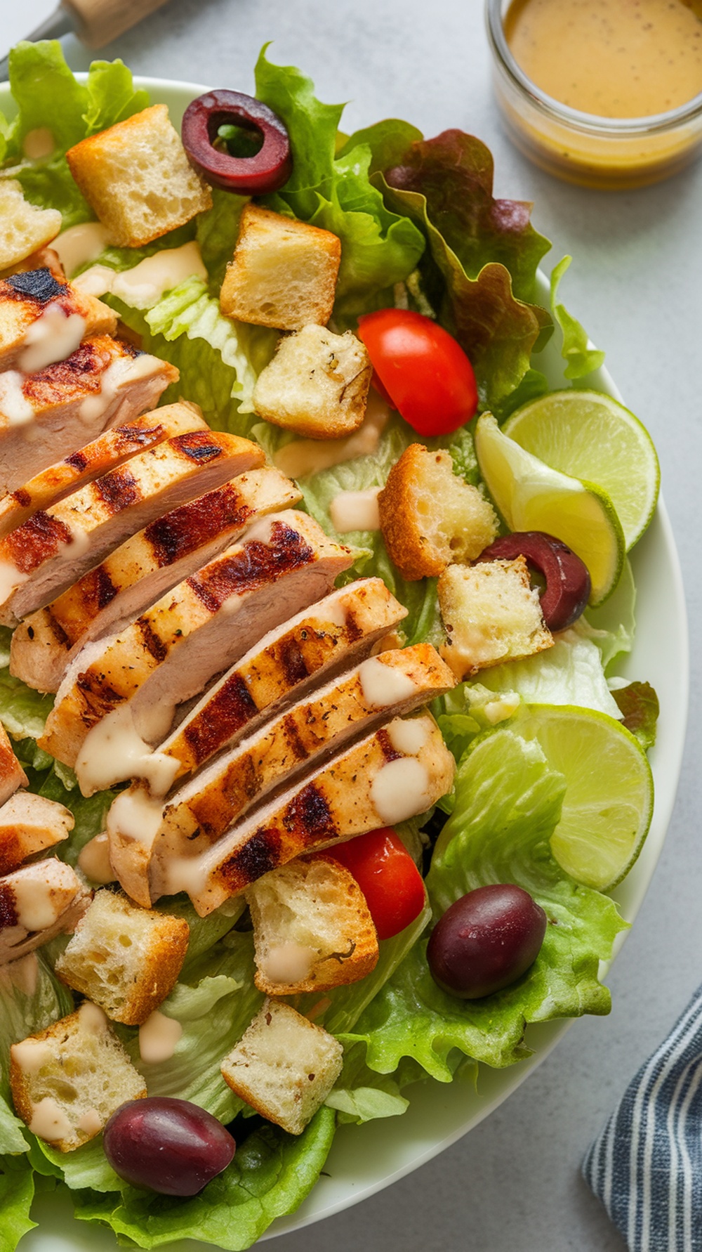 A colorful grilled chicken salad with honey lime dressing, featuring sliced chicken, lettuce, cherry tomatoes, croutons, and lime wedges.