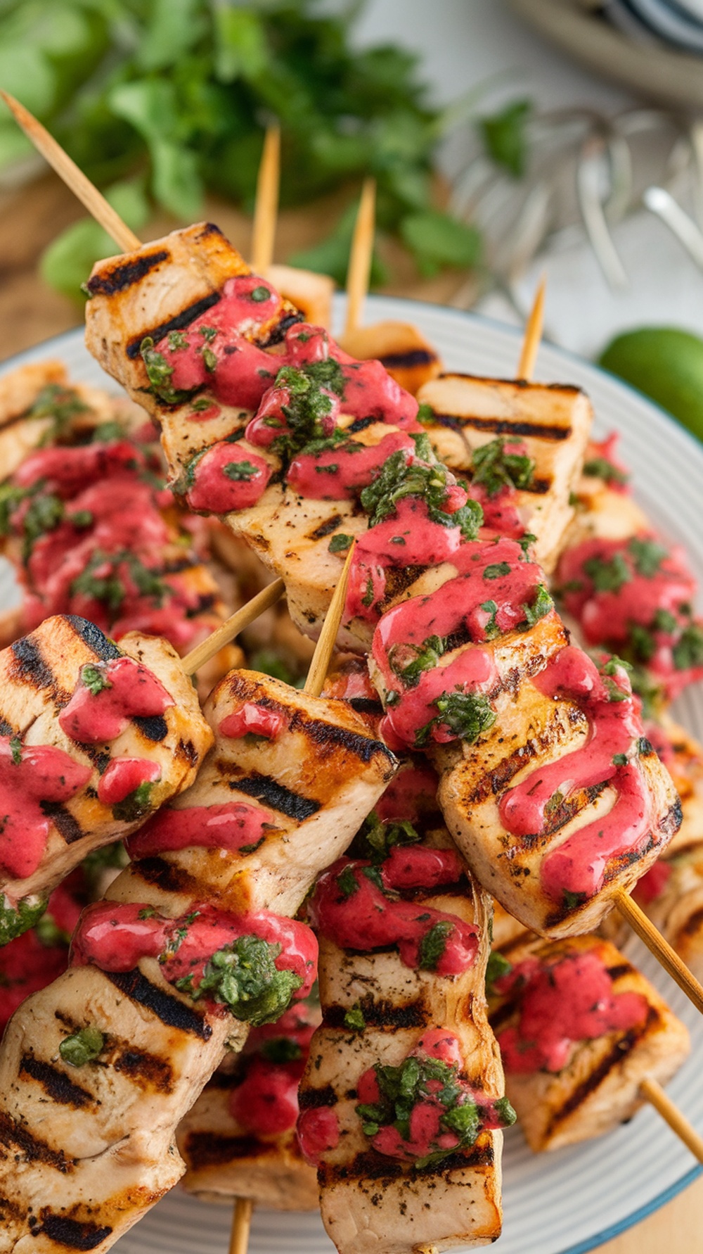 Grilled chicken skewers drizzled with strawberry chimichurri sauce.