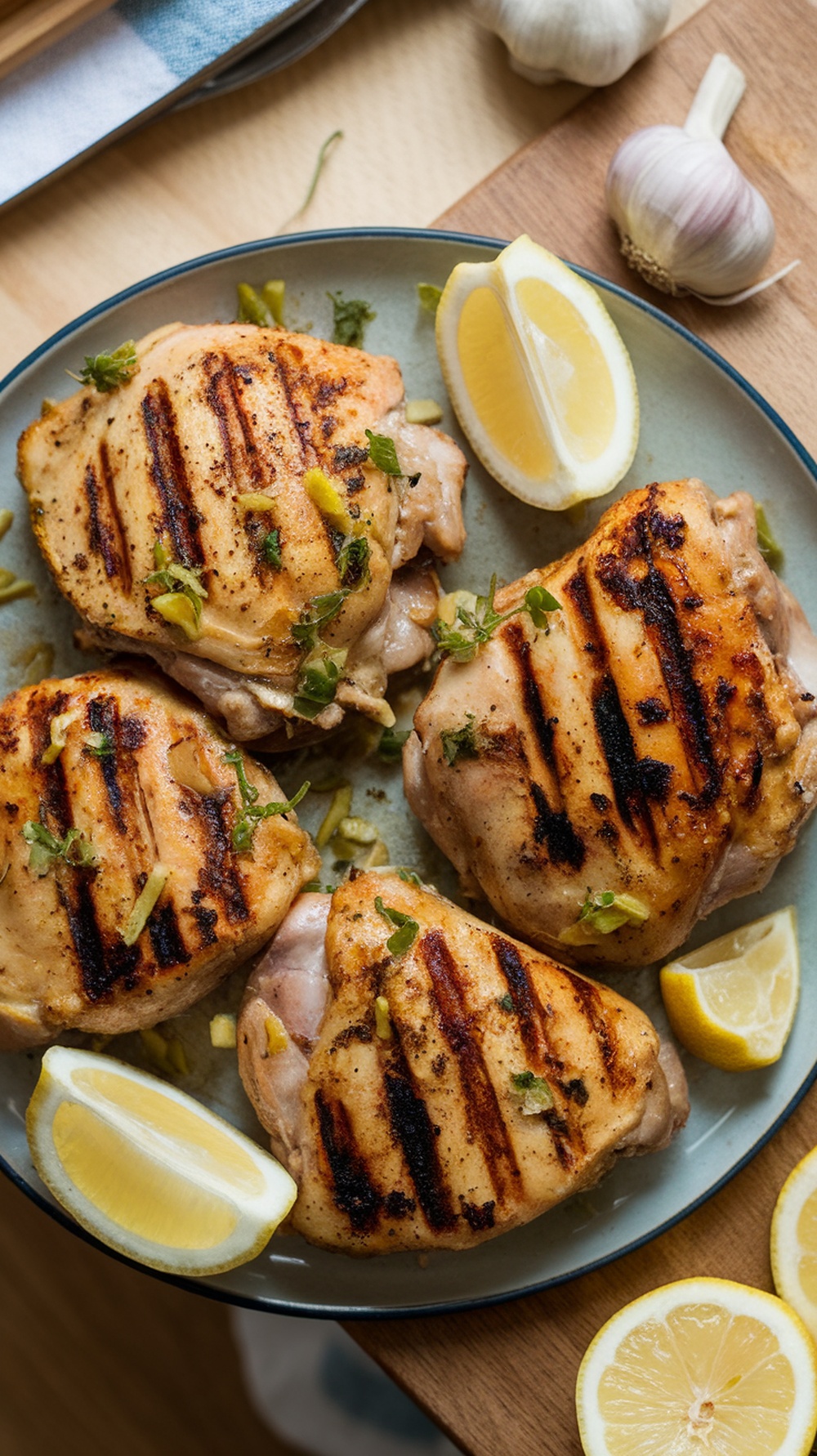 Grilled chicken thighs garnished with lemon and herbs