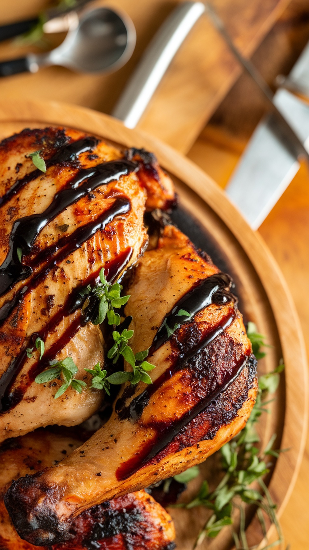 Grilled chicken with balsamic glaze on a wooden platter