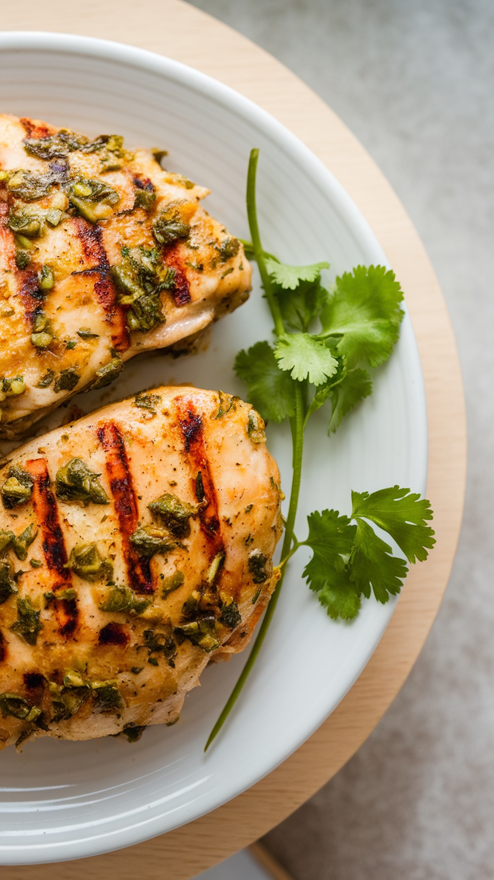 Delicious grilled chicken with cilantro and lime marinade on a plate.