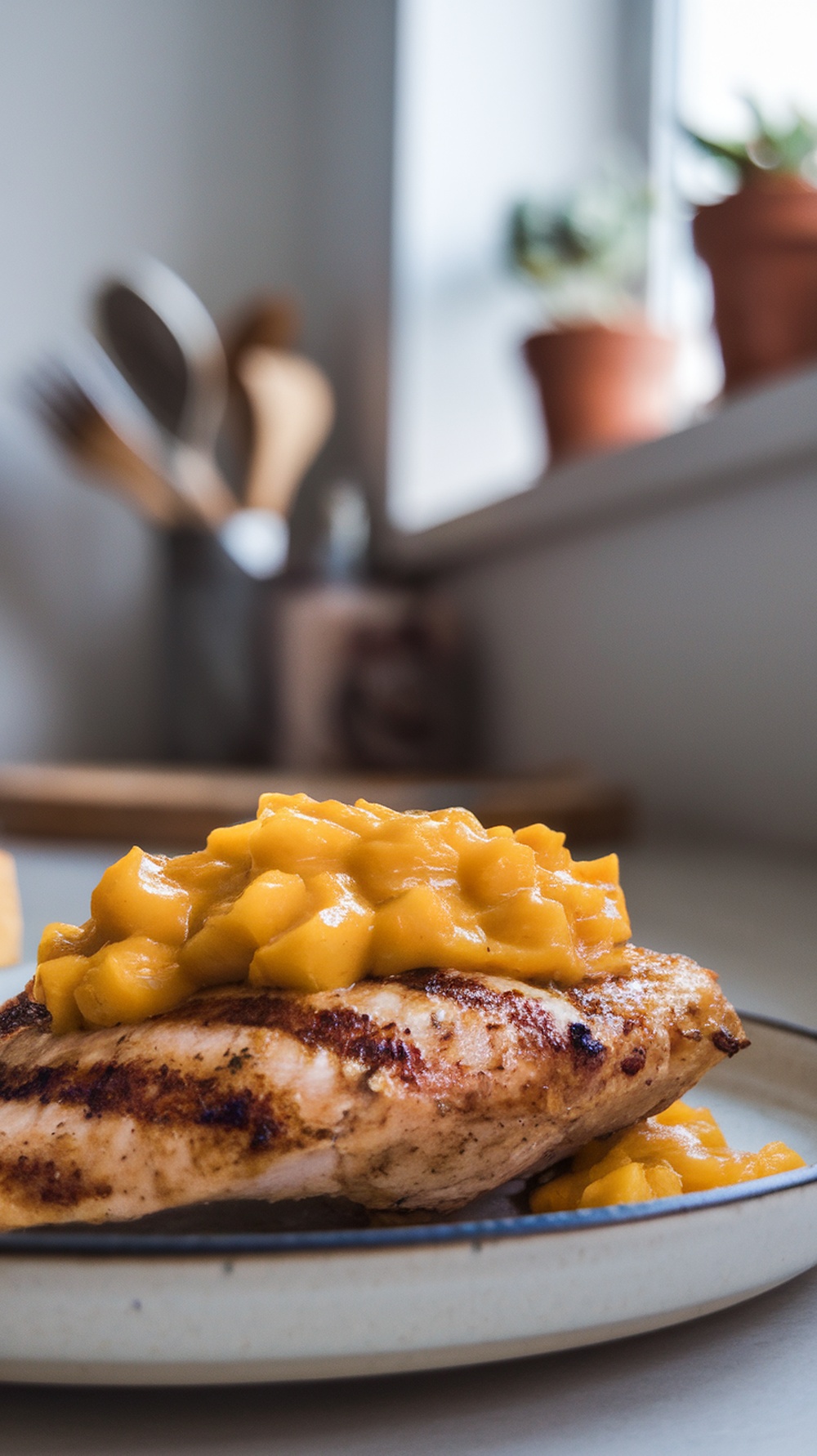 Grilled chicken topped with mango chutney on a plate, with a blurred kitchen background.