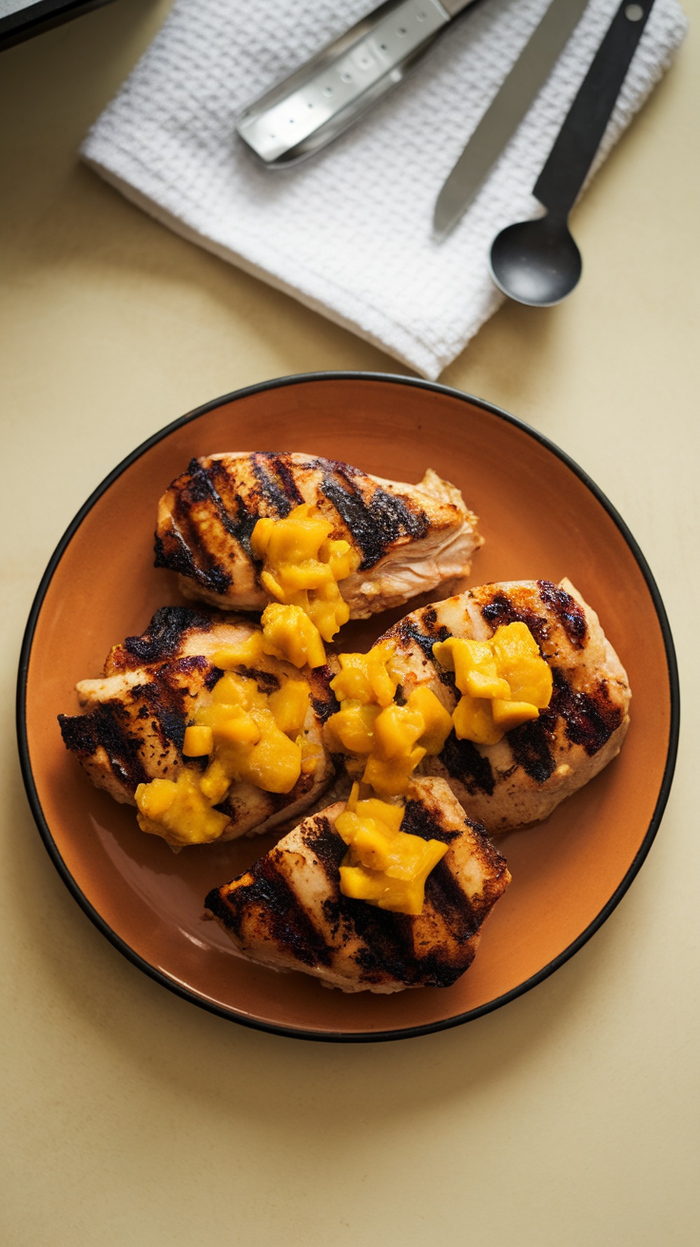 Grilled chicken breasts garnished with mango chutney on a plate