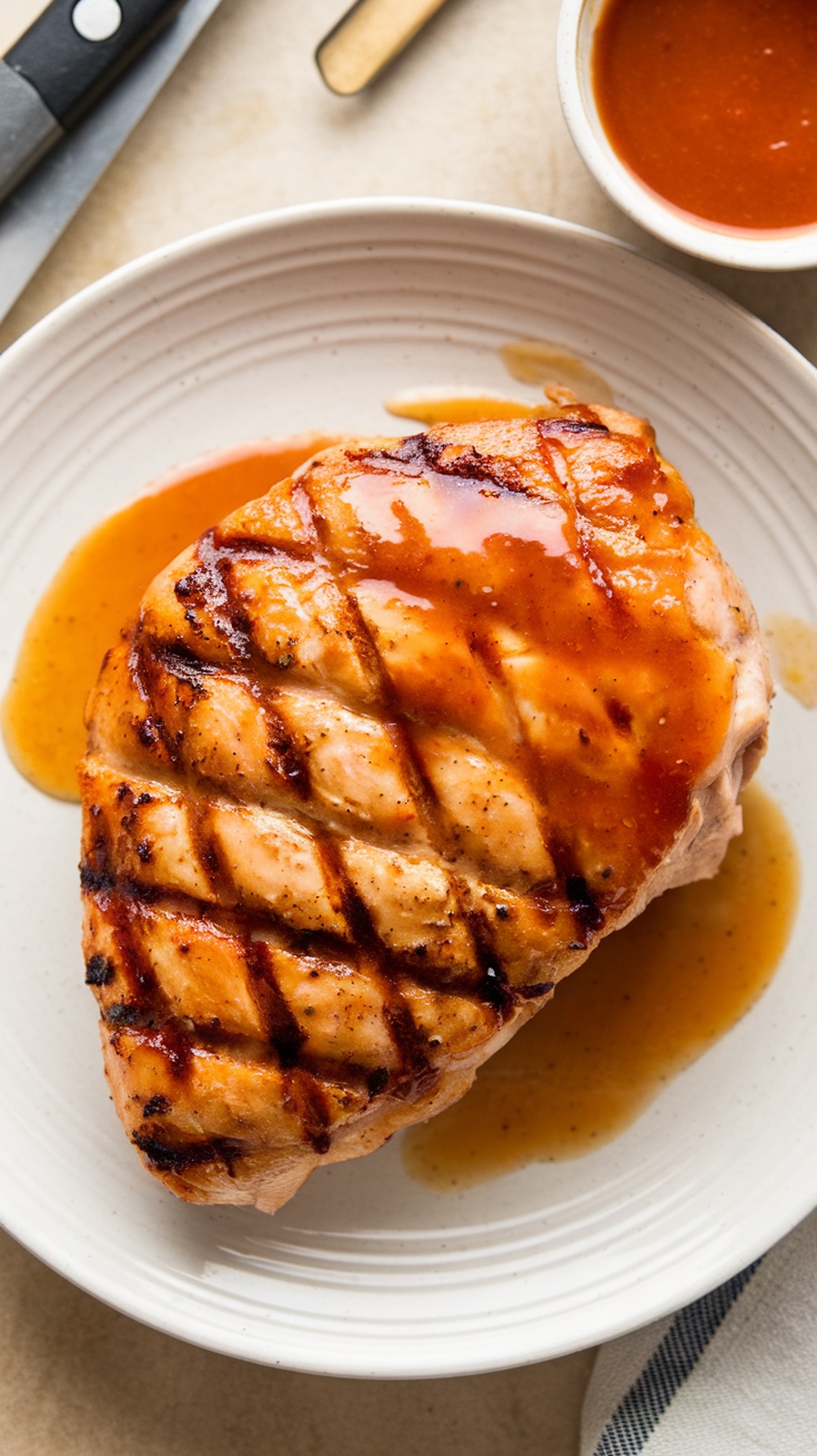 Grilled chicken with peach BBQ sauce on a plate