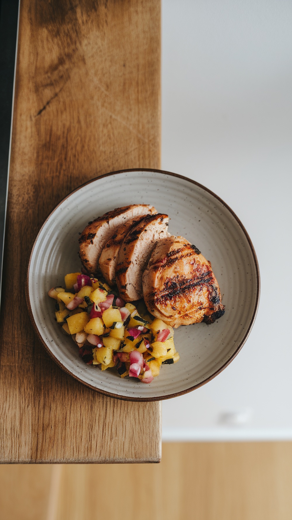 Grilled chicken served with pineapple salsa on a plate