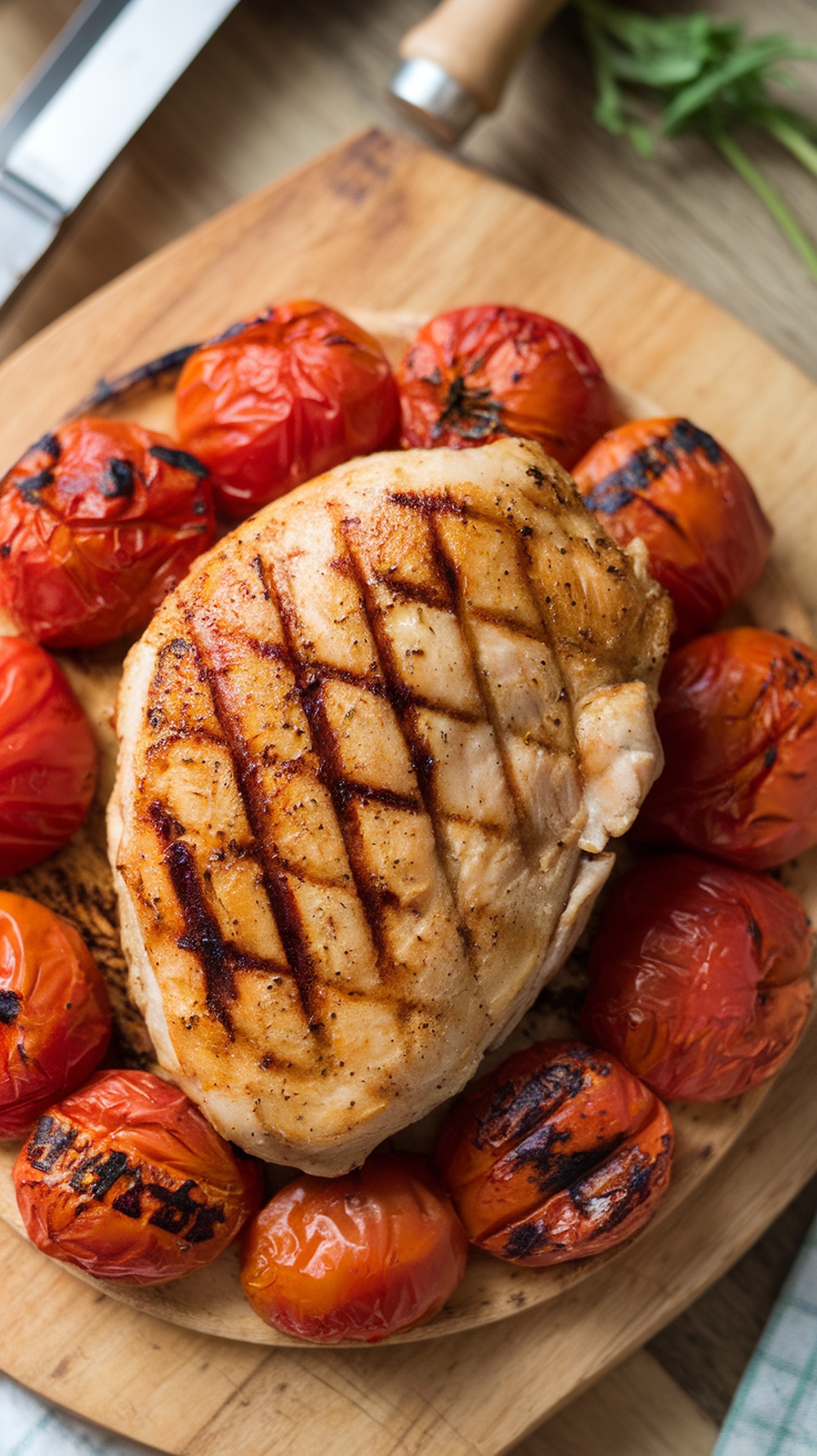Grilled chicken breast surrounded by roasted tomatoes on a wooden cutting board.