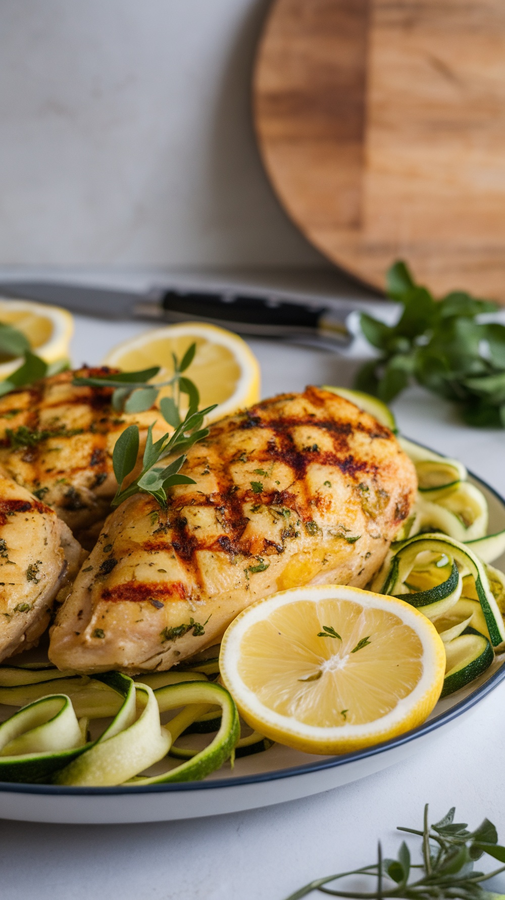 Grilled lemon herb chicken served with zucchini ribbons and lemon slices.