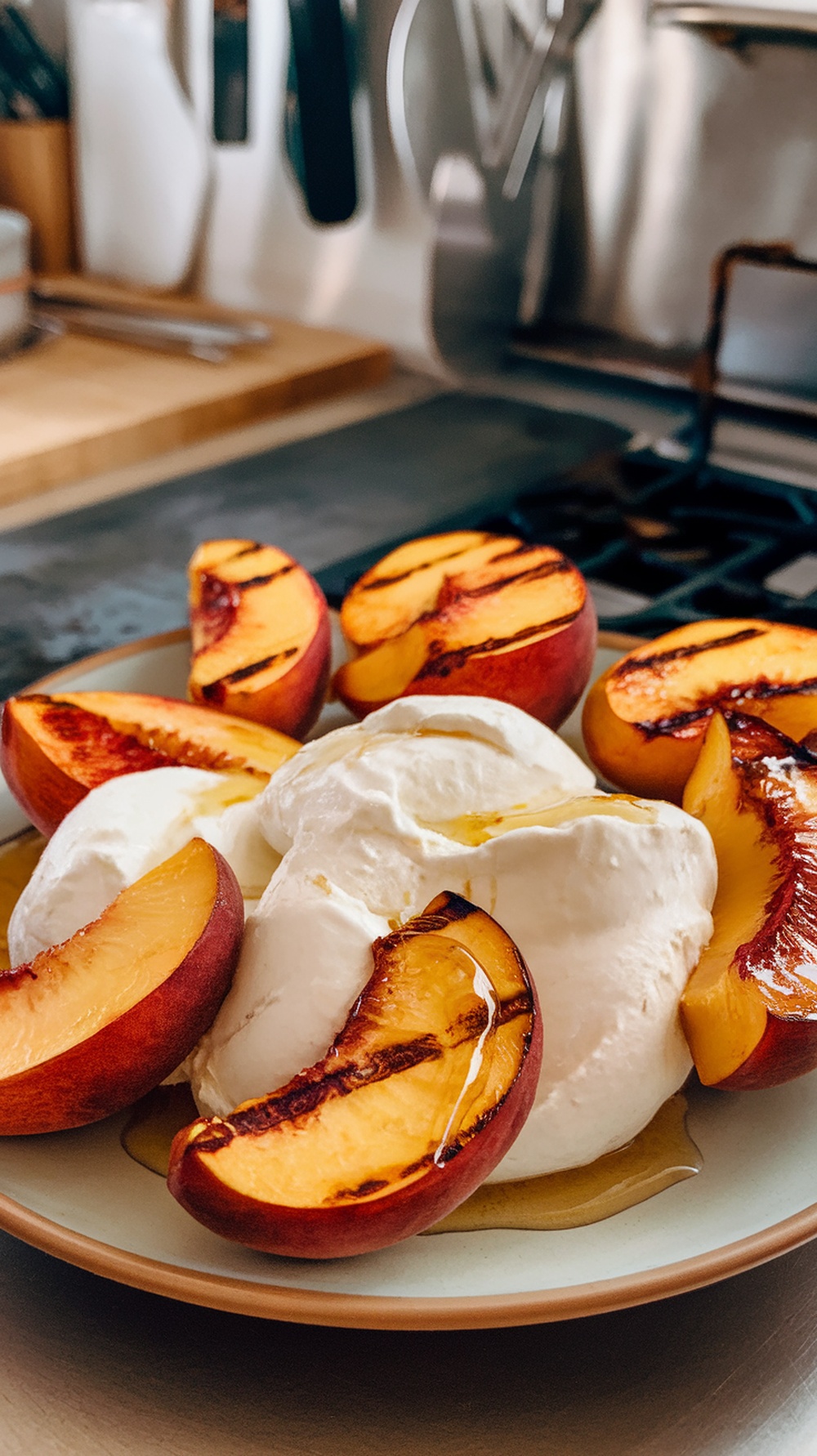 A plate of grilled peaches and burrata cheese.