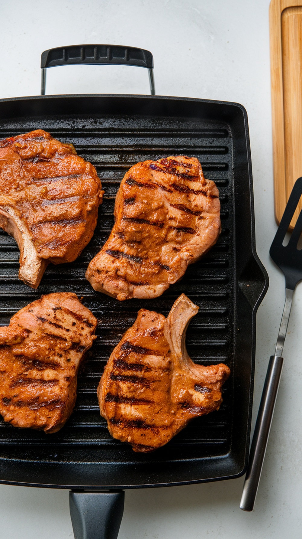 Grilled pork chops with adobo paste on a grill pan.